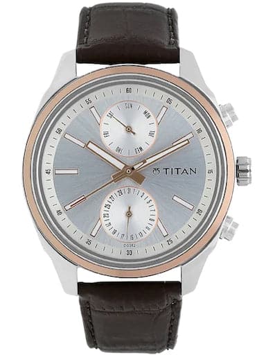 Titan On Trend Silver Dial Brown Leather Strap Men's Watch NP1733KL02 - Kamal Watch Company