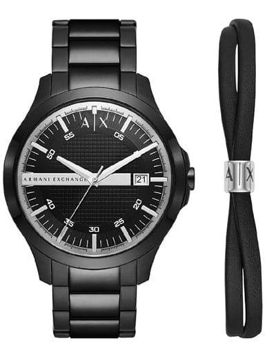 Armani Exchange Three-Hand Date Black Stainless Steel Watch and Bracelet Gift Set AX7134SET - Kamal Watch Company