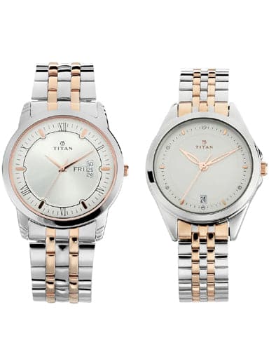 TITAN Bandhan Silver White Dial Stainless Steel Pair Watches NP17742565KM01 - Kamal Watch Company