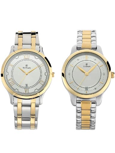 TITAN Bandhan Silver White Dial Stainless Steel Pair Watches NP17752481BM01 - Kamal Watch Company