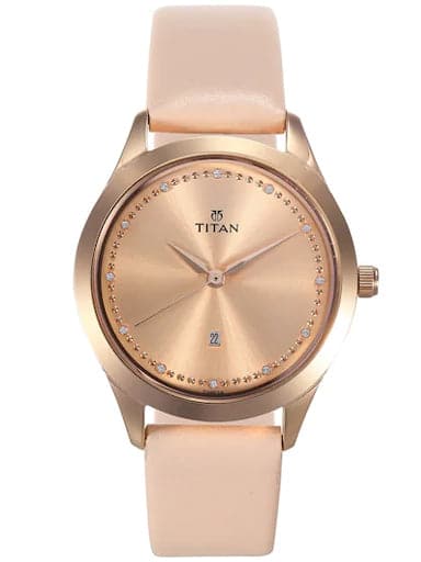 Titan Sparkle Pink Dial Cream Leather Strap Watch For Women Nn2570Wl01