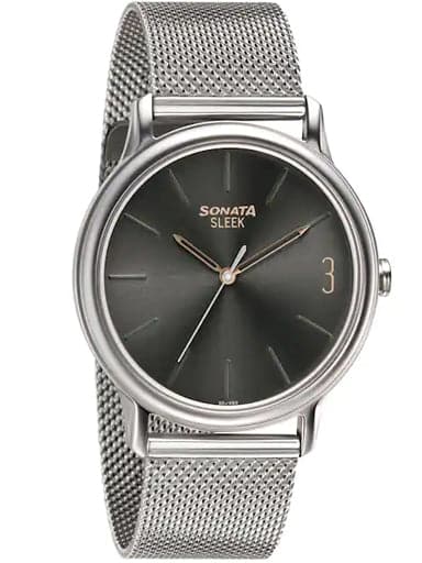 SONATA Sleek Grey Dial Stainless Steel Watch 7128SM05 - Kamal Watch Company