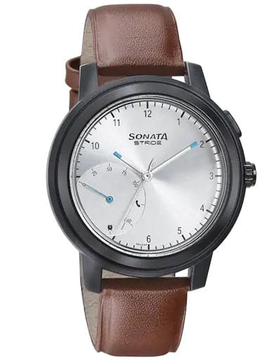 SONATA Stride Pro - Hybrid Smartwatch With Silver Dial & Tan Leather Strap 7132PL02 - Kamal Watch Company