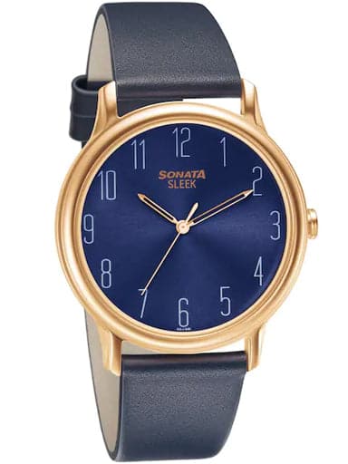 SONATA Sleek Blue Dial Leather Watch 7128WL05 - Kamal Watch Company
