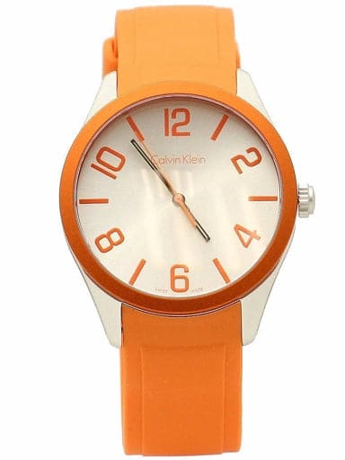 CALVIN KLEIN Color Silver Dial Orange Silicone Men's Watch K5E51YY6 - Kamal Watch Company