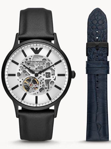 Emporio Armani Automatic Three-Hand OBW Watch with Blue and Black Leather Interchangeable Strap Set AR80060 - Kamal Watch Company