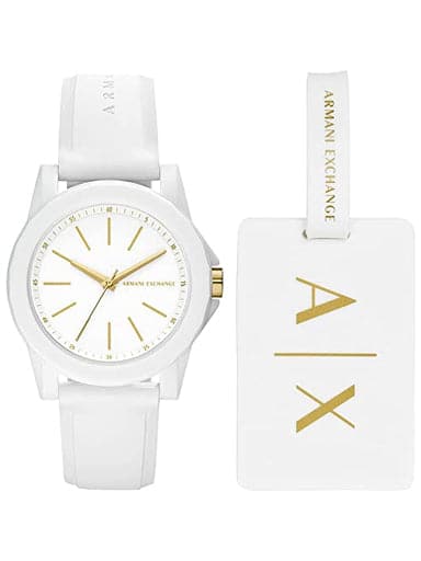 Armani Exchange Three-Hand White Silicone Watch and Luggage Tag Gift Set AX7126 - Kamal Watch Company