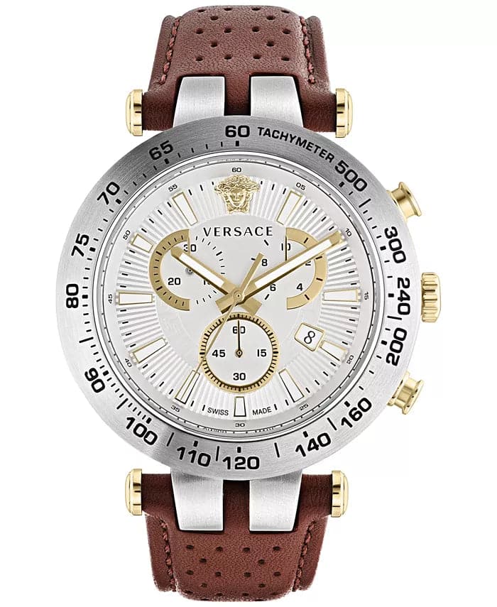 VERSACE Men's Swiss Chronograph Bold Brown Perforated Leather Strap Watch 46mm VEJB00122 - Kamal Watch Company