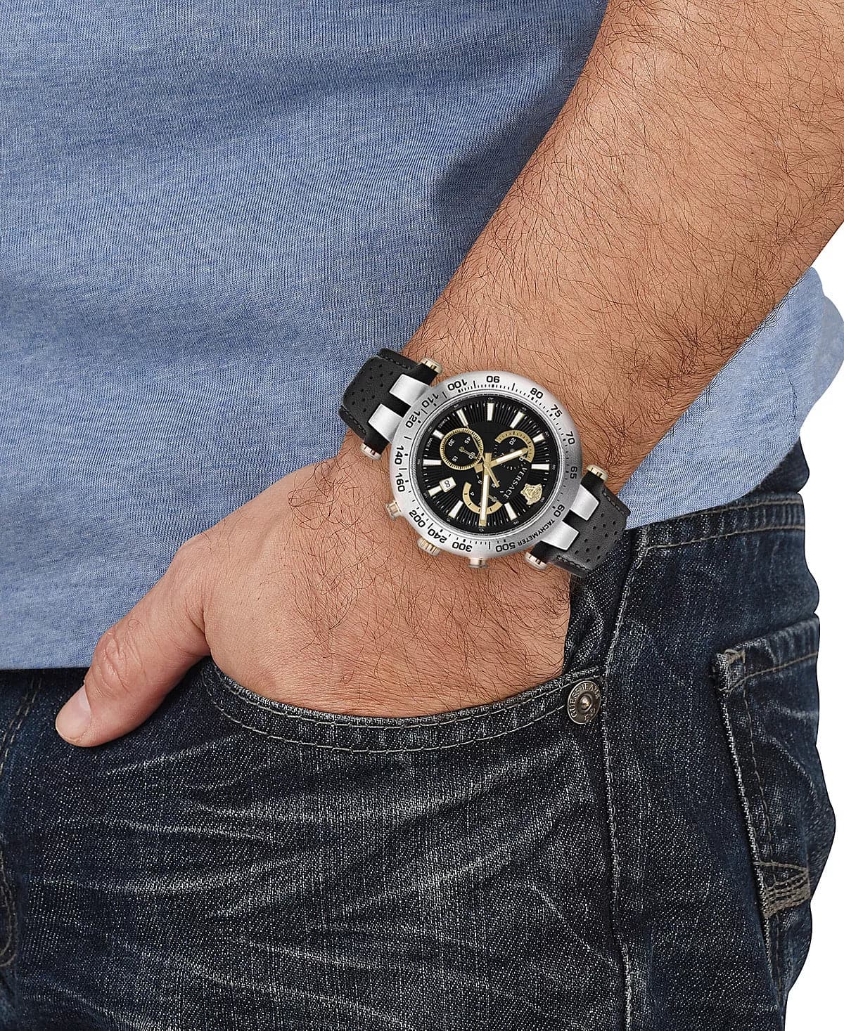 VERSACE Men's Swiss Chronograph Bold Black Perforated Leather Strap Watch VEJB00222 - Kamal Watch Company