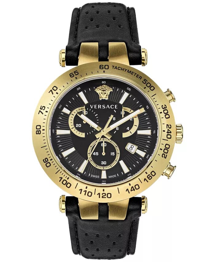 VERSACE Men's Swiss Chronograph Bold Black Perforated Leather Strap Watch VEJB00422 - Kamal Watch Company
