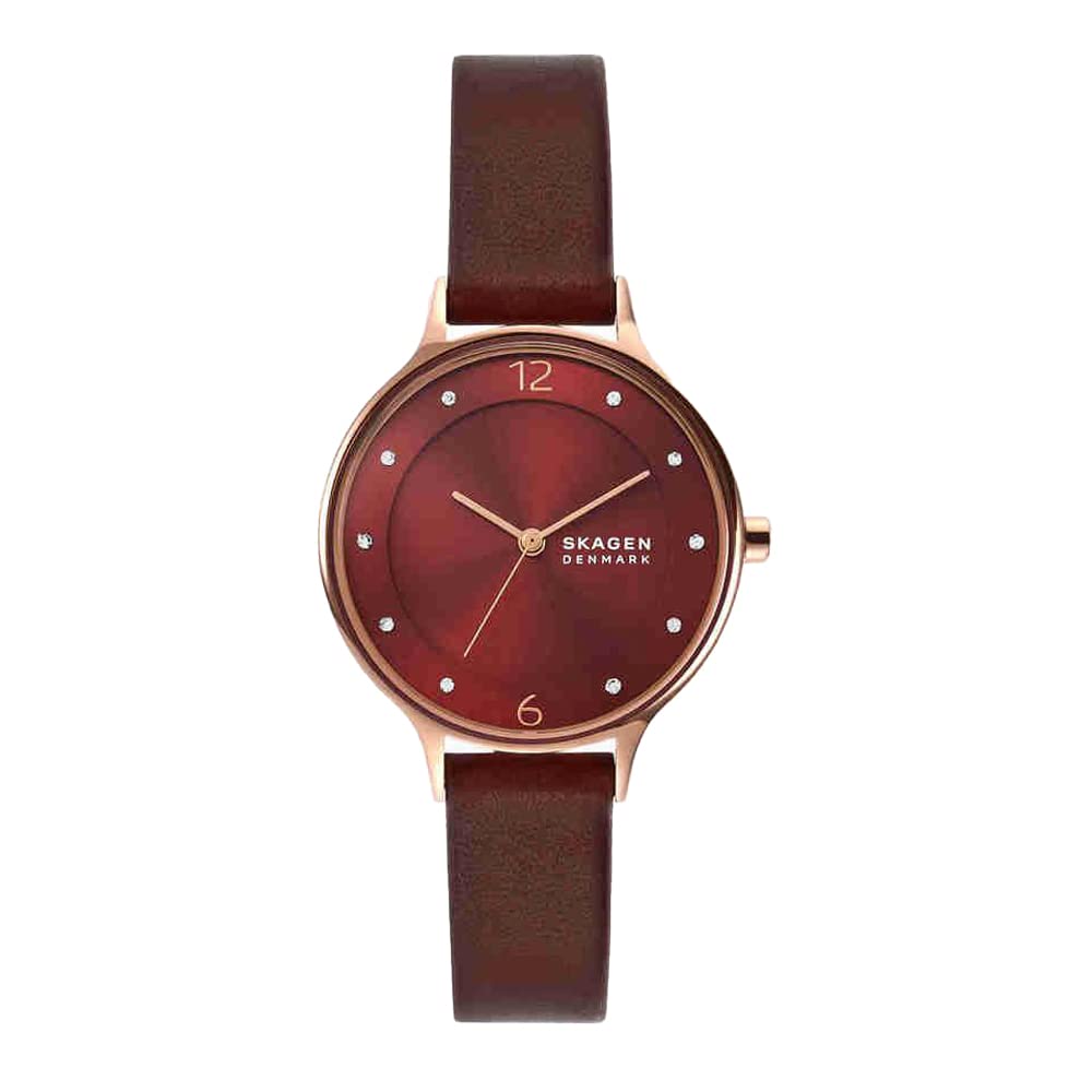 Skagen Mens 30 mm Anita Lille Red Dial Leather Analog Watch - SKW3064I - Kamal Watch Company