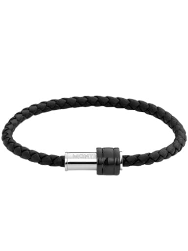 MONTBLANC Bracelet in woven black leather with steel closing, black PVD finish and three rings MB11654860 - Kamal Watch Company