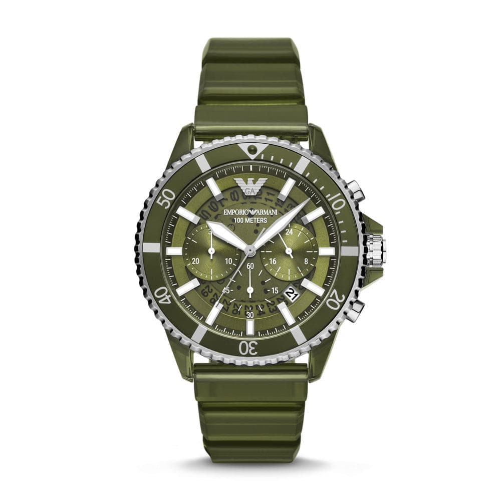 Emporio Armani Quartz 44 mm Olive Dial Rubber Chronograph Watch for Men - AR11534I