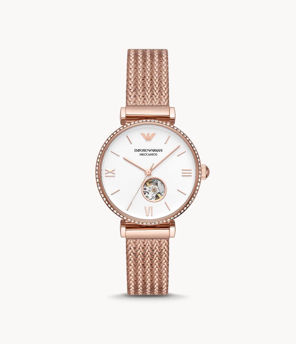 Emporio Armani Automatic Rose Gold Stainless Steel Mesh Watch AR60063 - Kamal Watch Company