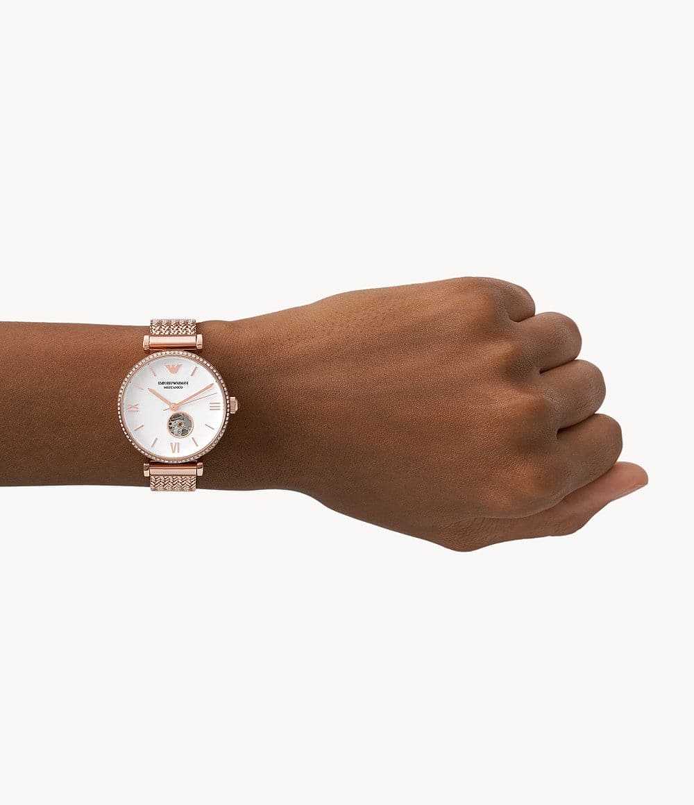 Emporio Armani Automatic Rose Gold Stainless Steel Mesh Watch AR60063 - Kamal Watch Company