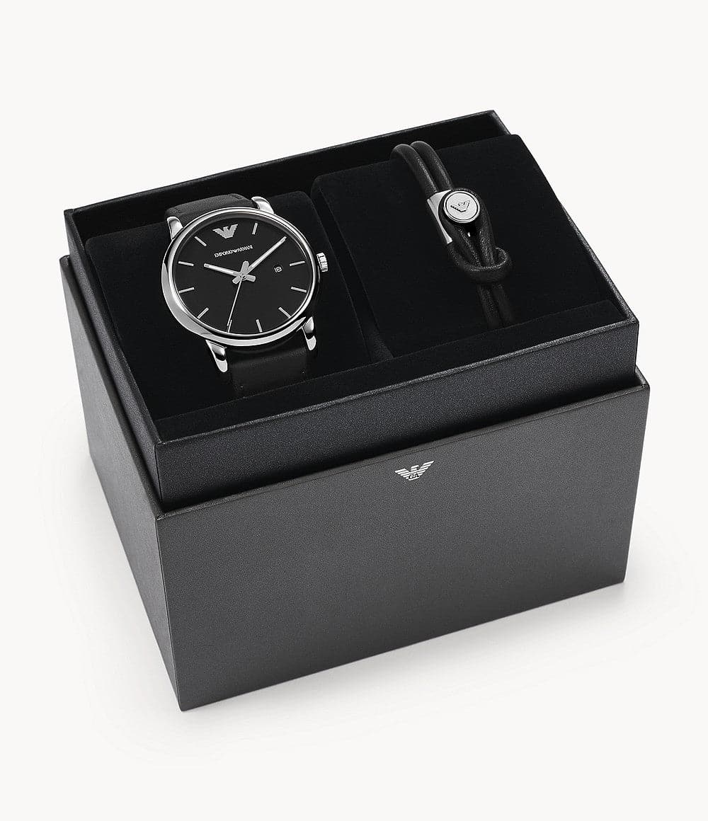 Emporio Armani Three-Hand Date Black Leather Watch and Bracelet Set AR80059 - Kamal Watch Company