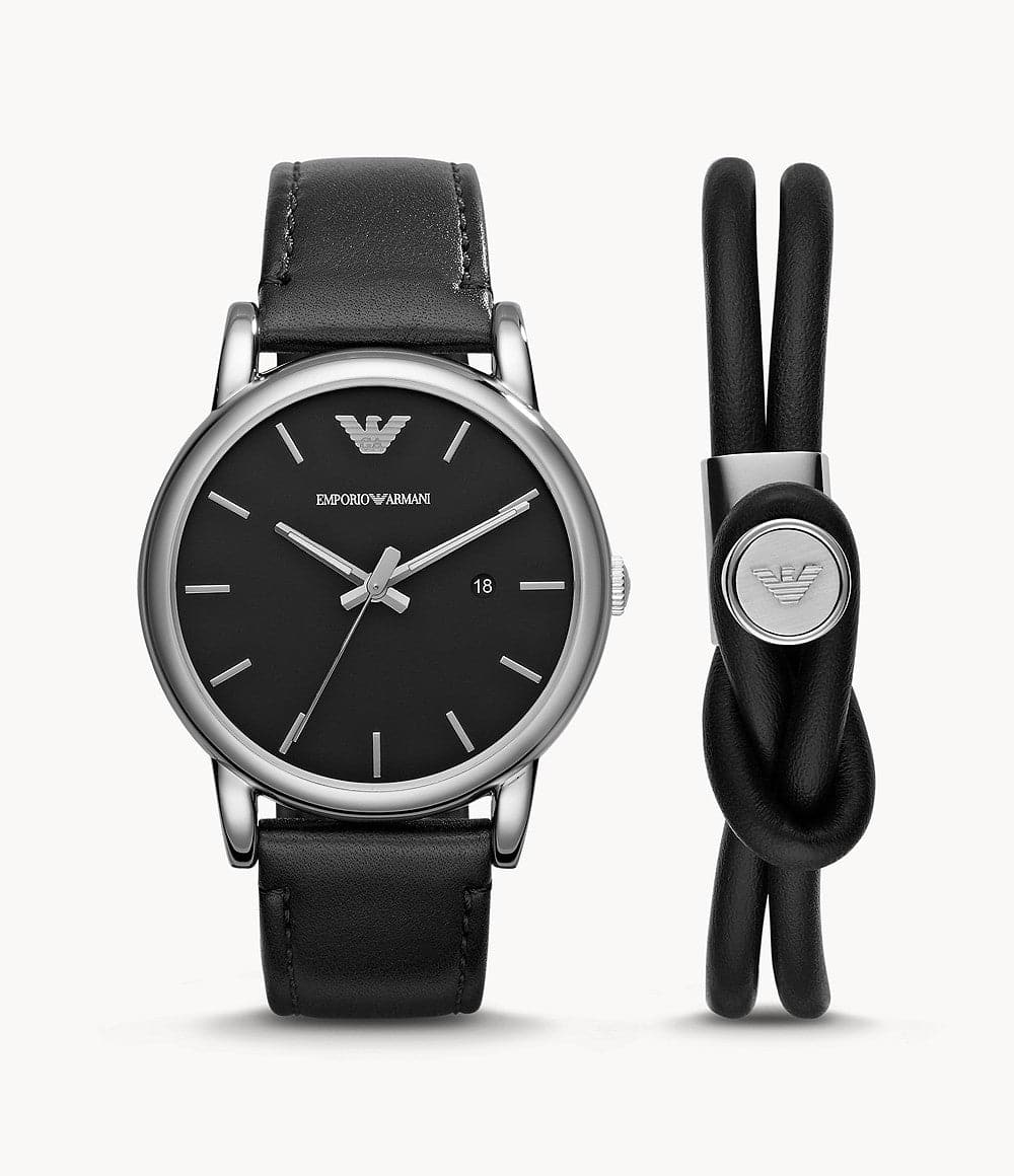 Emporio Armani Three-Hand Date Black Leather Watch and Bracelet Set AR80059 - Kamal Watch Company