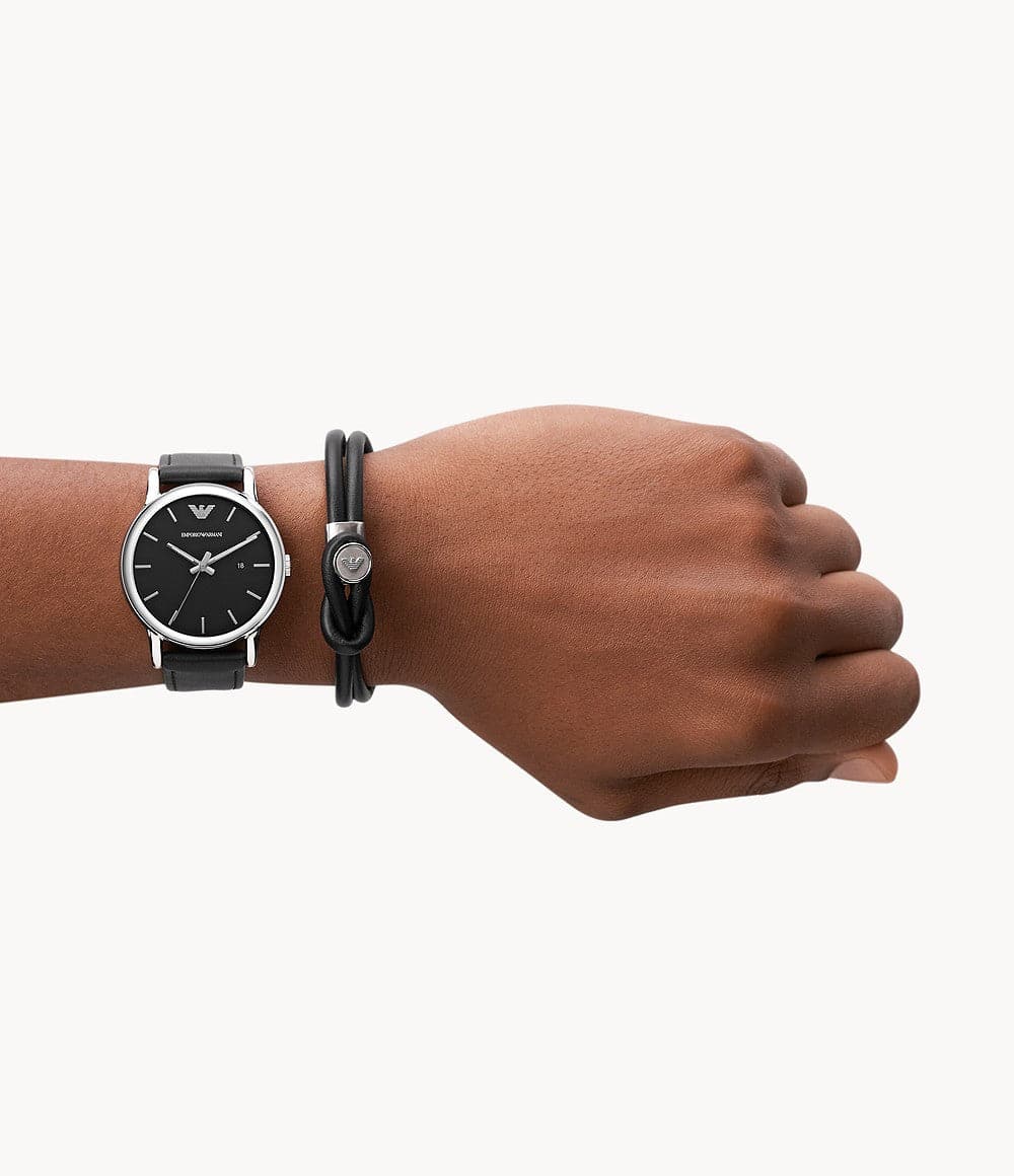 Emporio Armani Three-Hand Date Black Leather Watch and Bracelet Set AR80059 - Kamal Watch Company
