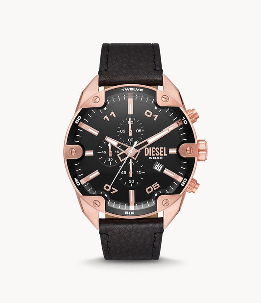 Diesel Spiked Chronograph Black Leather Watch DZ4607i - Kamal Watch Company