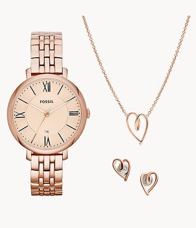 FOSSIL Jacqueline Three-Hand Date Rose Gold-Tone Stainless Steel Watch and Jewelry Set ES5252SET - Kamal Watch Company