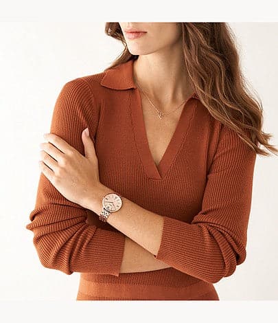 FOSSIL Jacqueline Three-Hand Date Rose Gold-Tone Stainless Steel Watch and Jewelry Set ES5252SET - Kamal Watch Company
