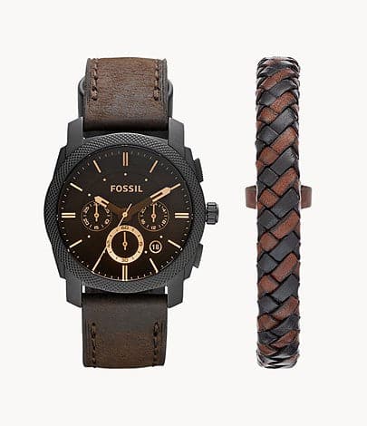 FOSSIL Machine Chronograph Dark Brown Leather Watch and Bracelet Box Set FS5251SET - Kamal Watch Company