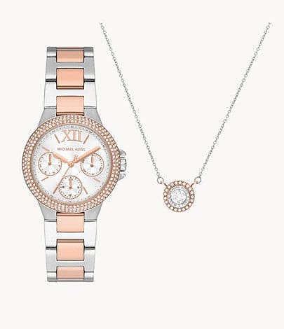 Michael Kors Mini Camille Multifunction Two-Tone Stainless Steel Watch and Steel Necklace Set MK1054SET - Kamal Watch Company