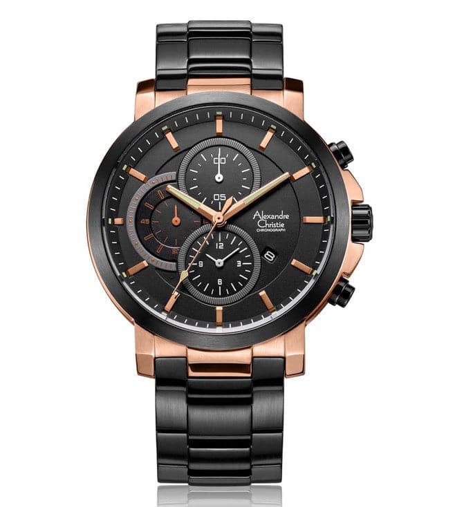 Alexandre Christie Mens 45 mm Alexandre Christie Black Dial Stainless Steel Analogue Watch - 6350MCBBRBA - Kamal Watch Company