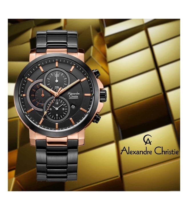 Alexandre Christie Mens 45 mm Alexandre Christie Black Dial Stainless Steel Analogue Watch - 6350MCBBRBA - Kamal Watch Company