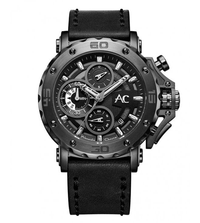 Alexandre Christie Mens 47 mm Chronograph Black Dial Leather Analogue Watch - 9205MCLEPBA - Kamal Watch Company