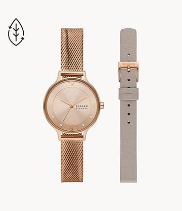 SKAGEN Anita Lille Three-Hand Rose Gold Stainless Steel Mesh Watch Set SKW1150SET - Kamal Watch Company