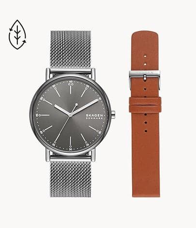 Skagen Signatur Box Set Three-Hand Gray Stainless Steel Mesh Watch and Strap Box Set SKW1155SET - Kamal Watch Company