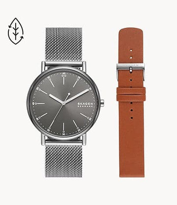 Skagen Signatur Box Set Three-Hand Gray Stainless Steel Mesh Watch and Strap Box Set SKW1155SET - Kamal Watch Company