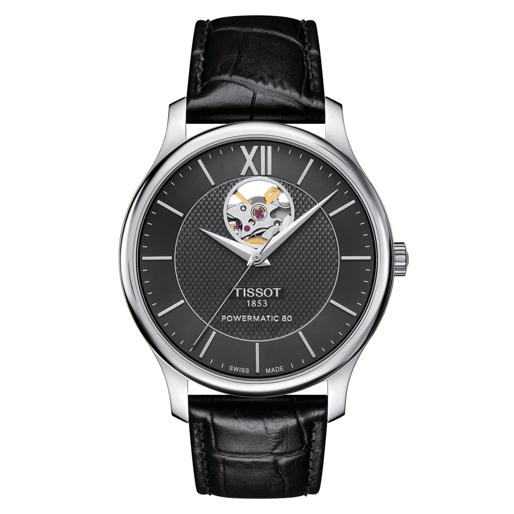 Tissot Tradition Powermatic 80 Open Heart Black Dial Men's Watch - Kamal Watch Company