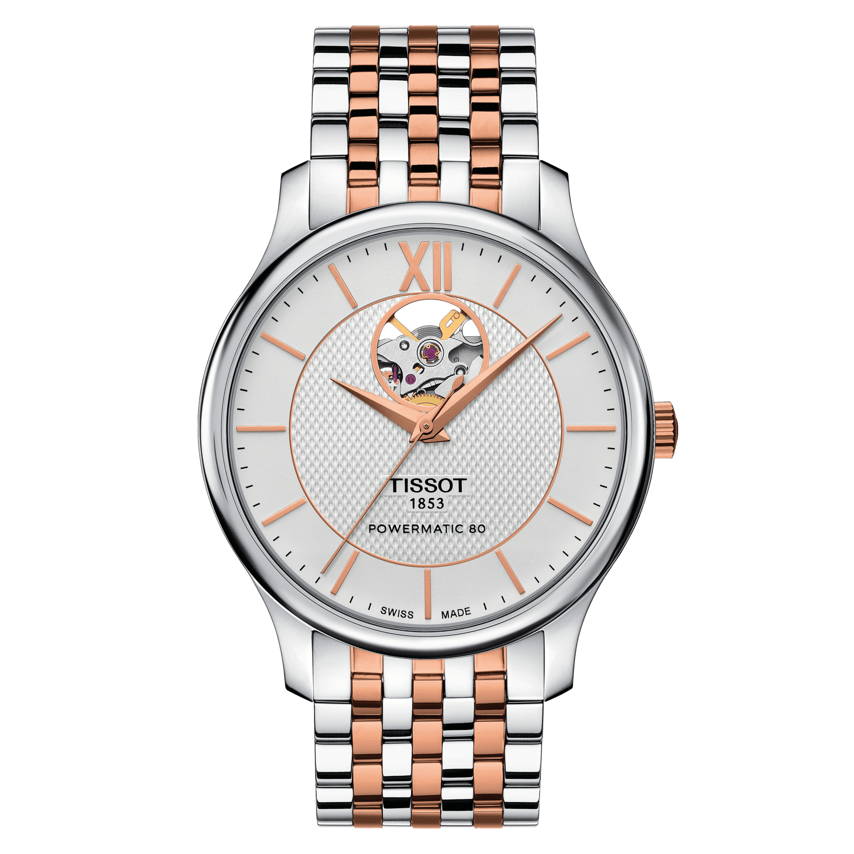Tissot Tradition Powermatic 80 Open Heart Silver Dial Watch for Men - Kamal Watch Company