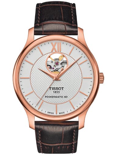 Tissot T-Classic Tradition Powermatic 80 Open Heart Men's Leather Silver Dial Watch - Kamal Watch Company