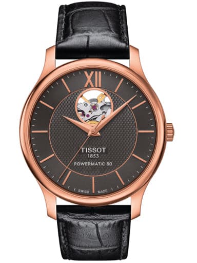 Tissot Tradition Powermatic 80 Open Heart Black Leather Men's Watch - Kamal Watch Company