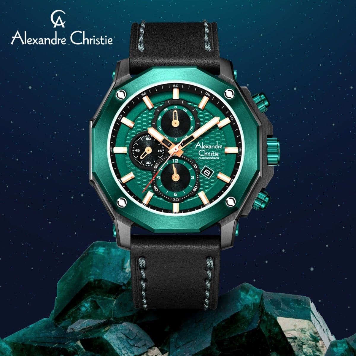 ALEXANDRE CHRISTIE Chronograph For Men - Rebel Green 6586MCLBURBU - Kamal Watch Company